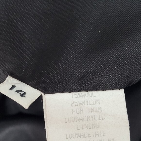 VTG Portrait Black Wool Blend Faux Fur Trim Buttoned Lined Over Coat Size 14 - Picture 4 of 13